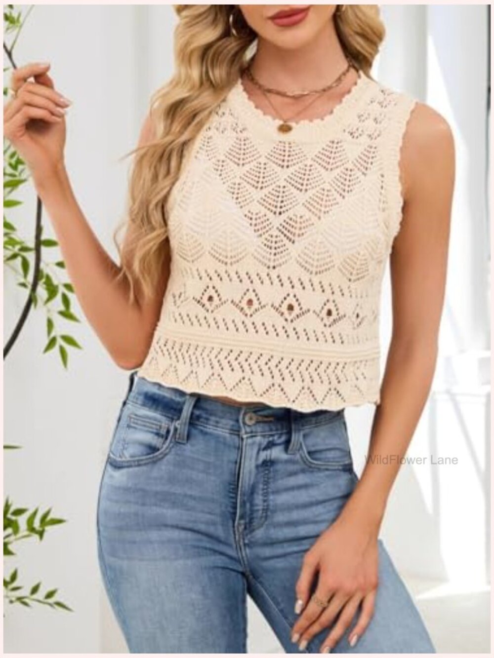 Women Sleeveless Crochet Knit Tank Top Scalloped Edge Openwork Crop Top Summer - Picture 2 of 7
